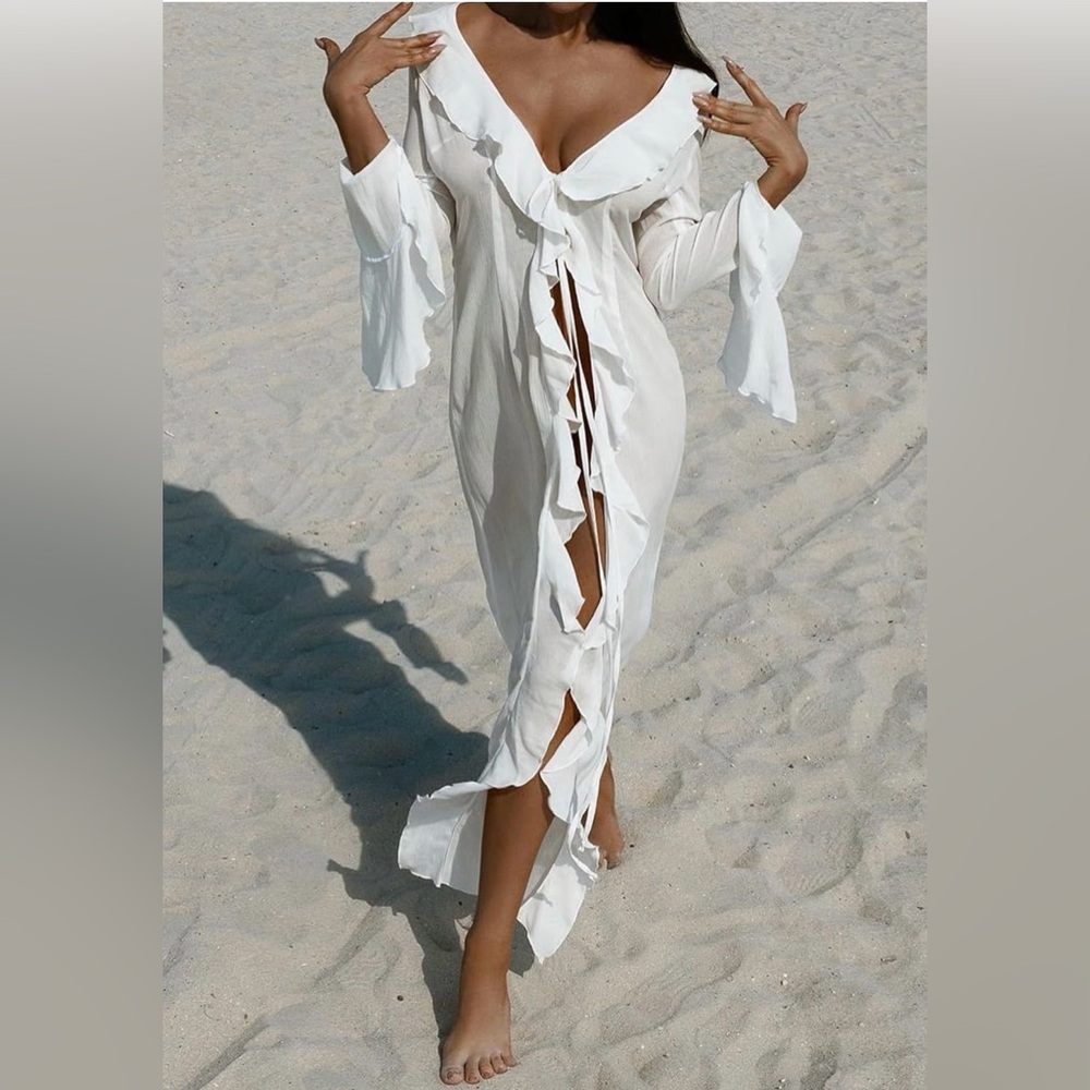 Women’s White Ruffle Beach Cover-Up Dress